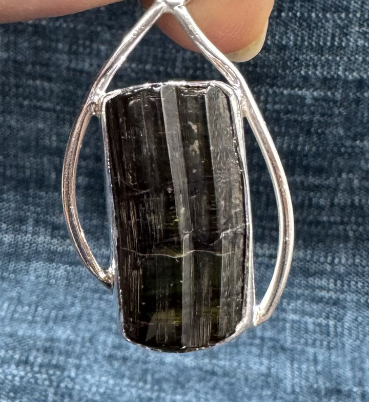 Raw Green Tourmaline Rectangle Pendant