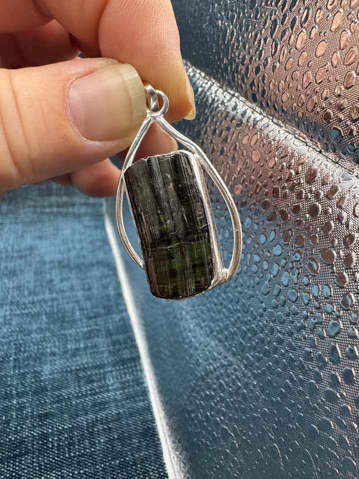 Raw Green Tourmaline Rectangle Pendant