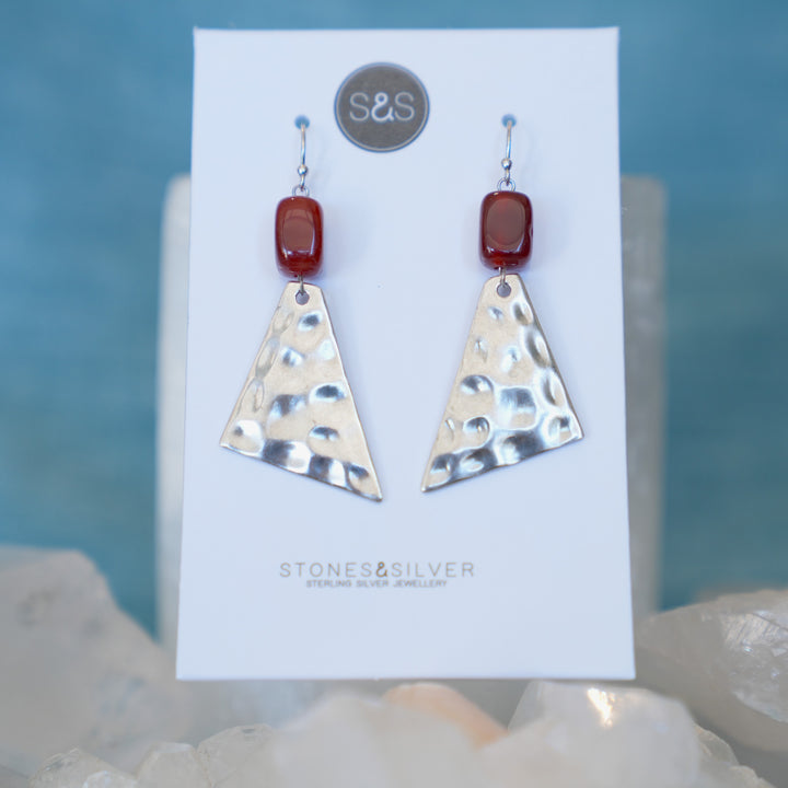 Hammered Silver and Carnelian Triangle Earrings