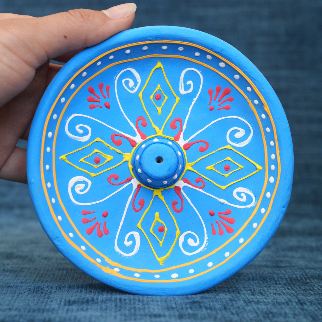Blue Clay Hand Painted Embossed Incense Holder Plate