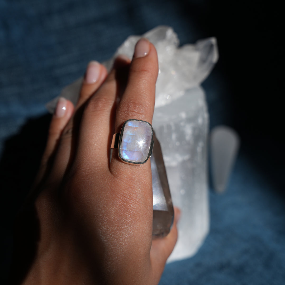 Moonstone Sterling Silver Ring (Large rectangular stone)