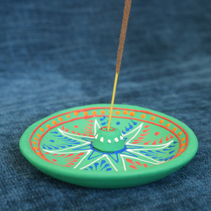 Green Clay Hand Painted Embossed Incense Holder Plate