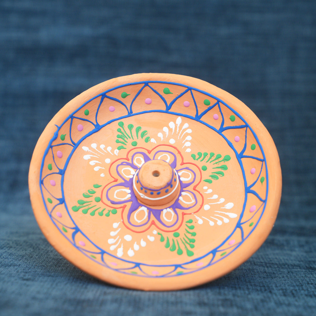 Orange Clay Hand Painted Embossed Incense Holder Plate