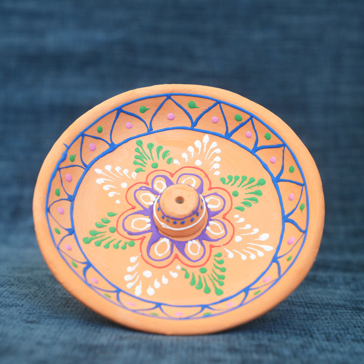 Orange Clay Hand Painted Embossed Incense Holder Plate