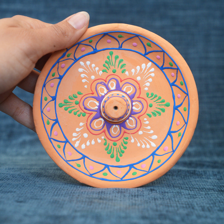 Orange Clay Hand Painted Embossed Incense Holder Plate