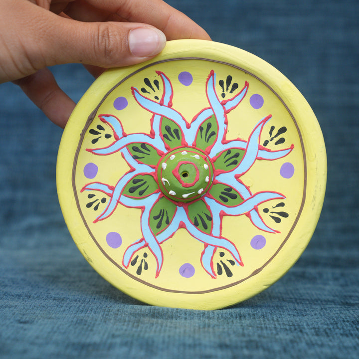 Yellow Clay Hand Painted Embossed Incense Holder Plate