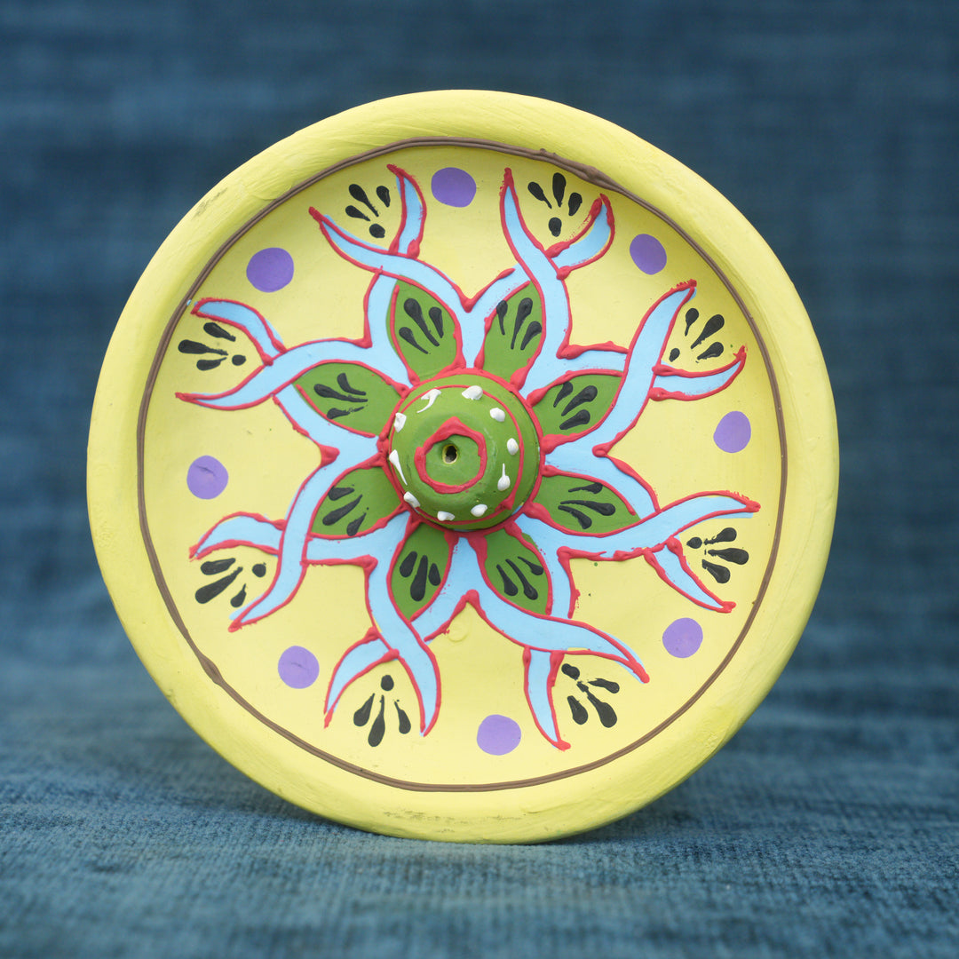 Yellow Clay Hand Painted Embossed Incense Holder Plate