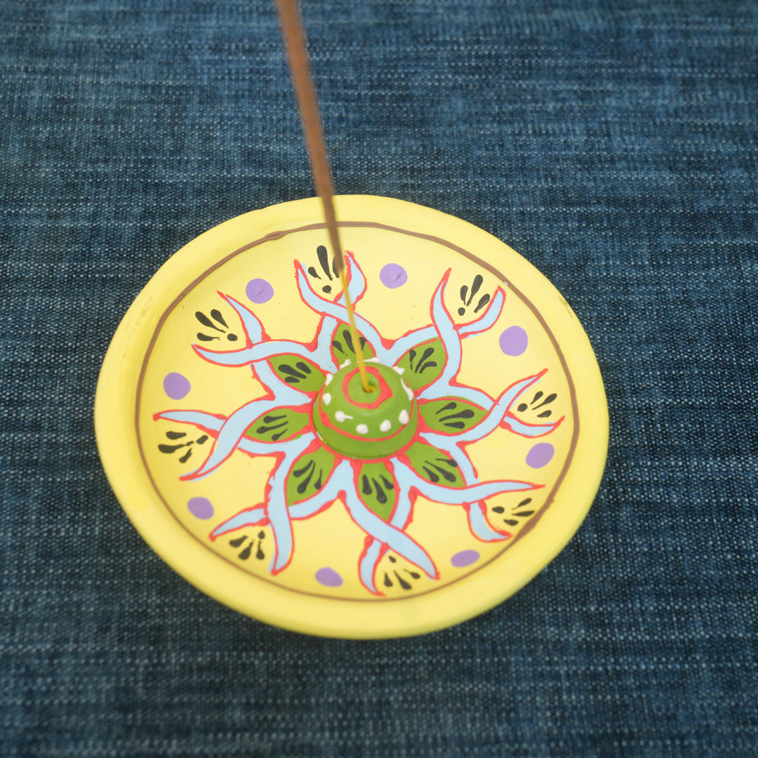 Yellow Clay Hand Painted Embossed Incense Holder Plate