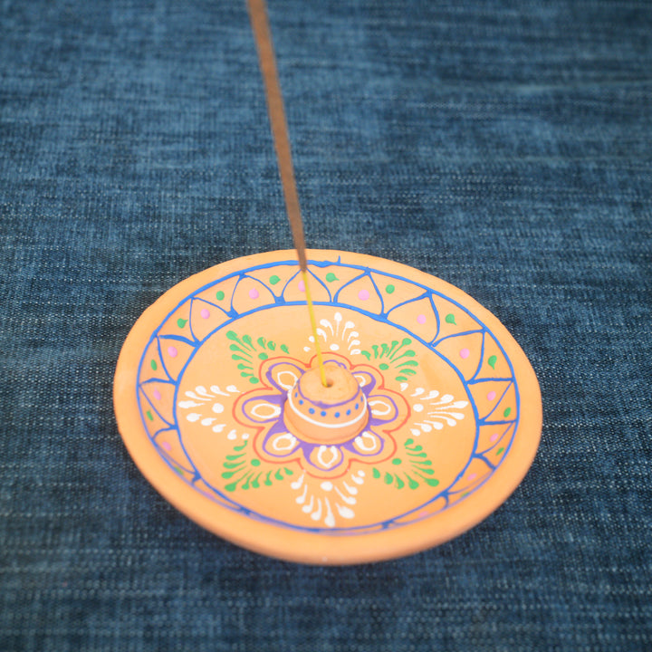 Orange Clay Hand Painted Embossed Incense Holder Plate