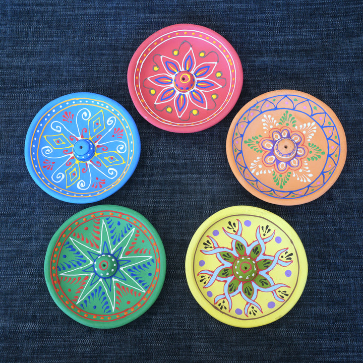 Orange Clay Hand Painted Embossed Incense Holder Plate