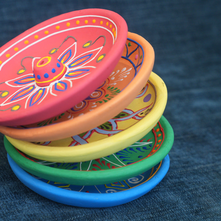 Orange Clay Hand Painted Embossed Incense Holder Plate