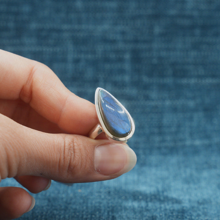 Labradorite Ring Narrow Teardrop